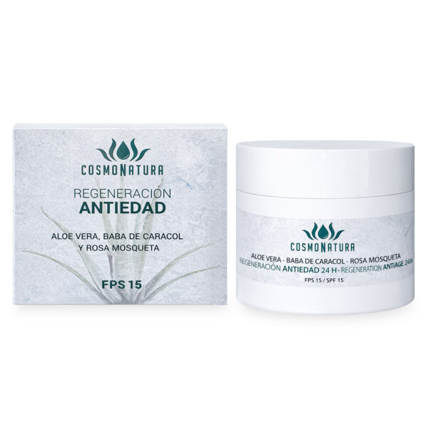 Crema antiedad 24H con aloe vera, baba de caracol y rosa mosqueta FPS 15